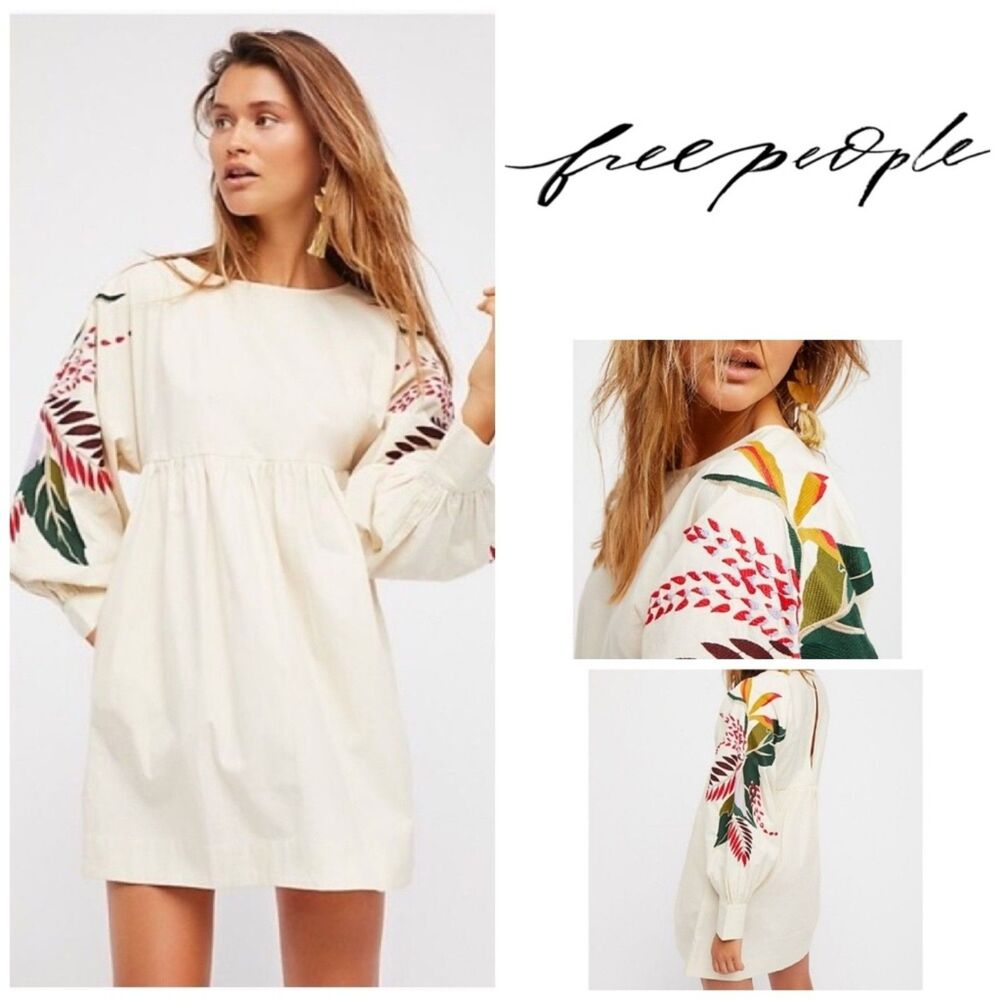 Free People "Mini Obsessions" Embroidered Mini Babydoll Dress Cream Pockets Sz M